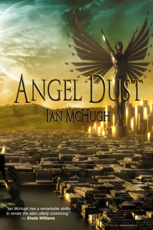 A gigantic metal angel statue stands over a city with one arm raised. The buildings in the foreground are low and dark, the buildings at the angel's feet are tall and gleam with the reflected light of a setting sun.